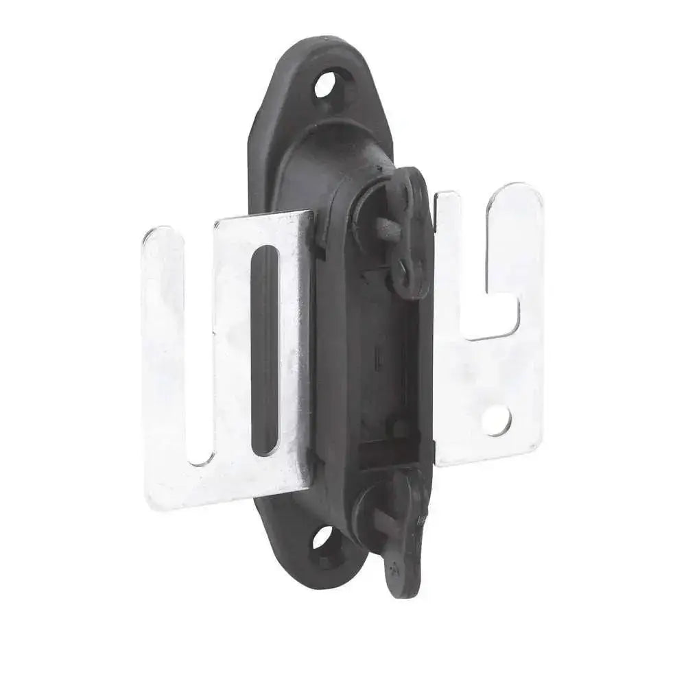 Black plastic agrifence gatelock insulators with silver metal brackets for secure fence mounting