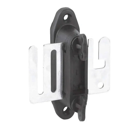 Black plastic agrifence gatelock insulators with silver metal brackets for secure fence mounting