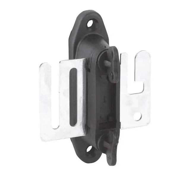 Black plastic agrifence gatelock insulators with silver metal brackets for secure fence mounting
