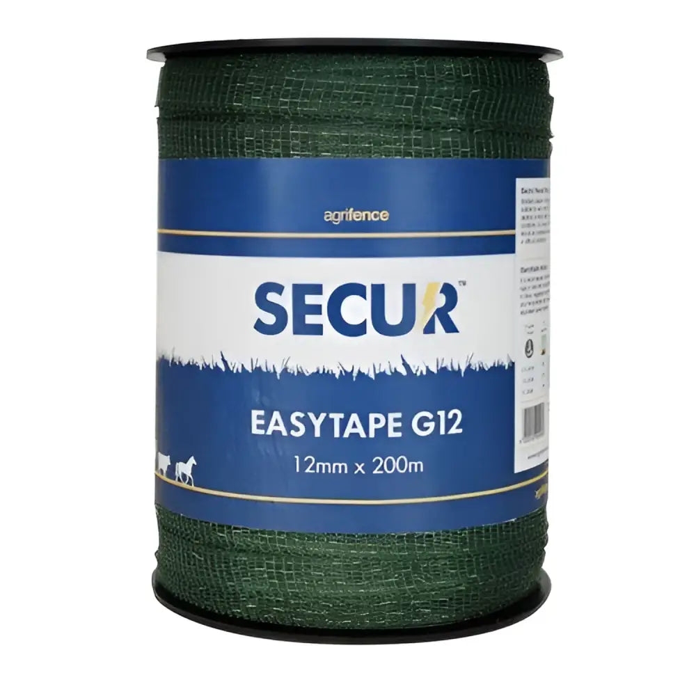 A spool of agrifence green g12 open weave tape dark green woven mesh fencing tape g12 easytape 12mm by 200m