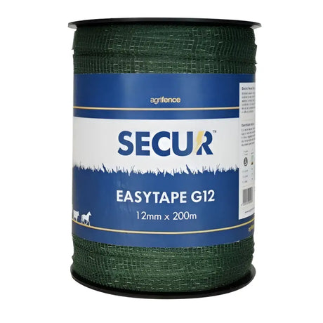 A spool of agrifence green g12 open weave tape g12 easytape 12mm woven dark green mesh fencing tape with label