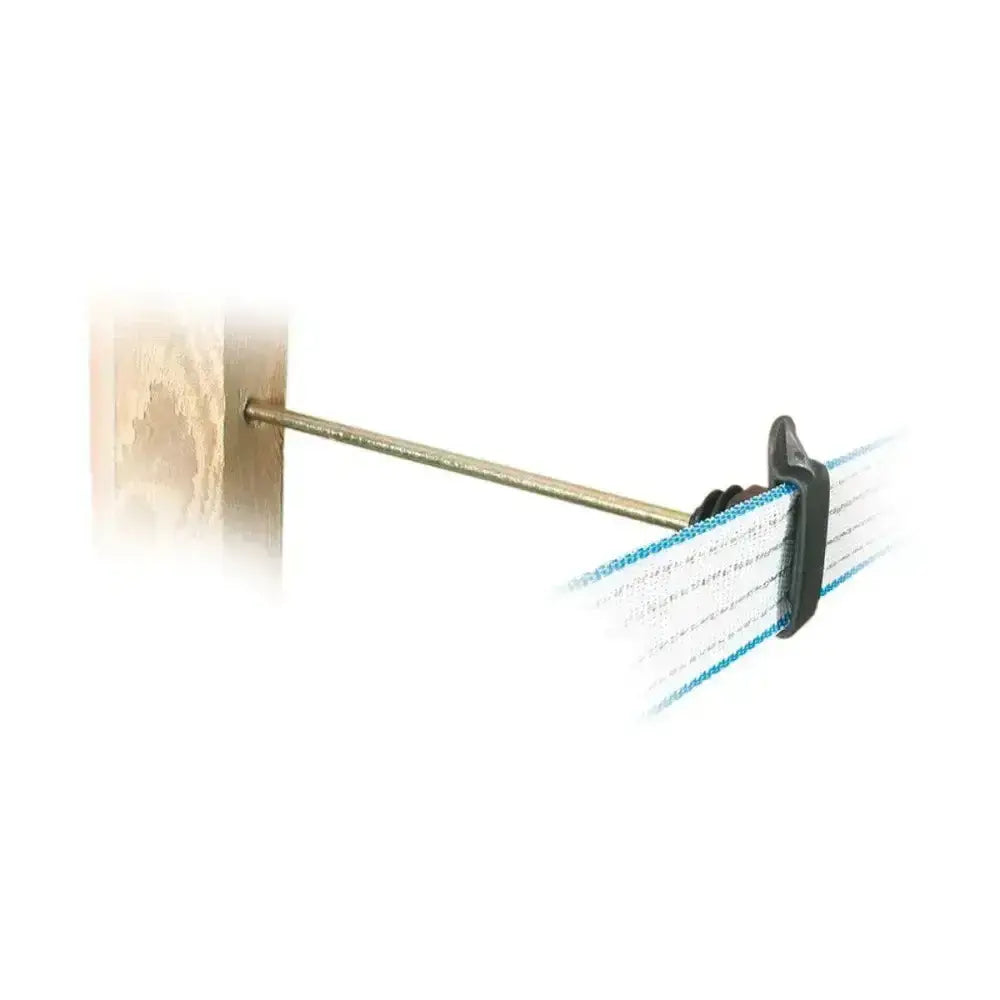 Black plastic clip insulator holding white and blue woven agrifence hpx tape on wooden post for secure fencing