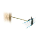Black plastic clip insulator holding white and blue woven agrifence hpx tape on wooden post for secure fencing