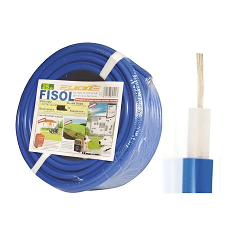 Blue fisol brand garden hose coiled with white band agrifence lead out cable 25 metres for equestrian use with horses