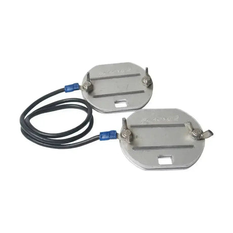 Silver metal agrifence line line connector plates with blue capped wires and lead length 60cm for tape use