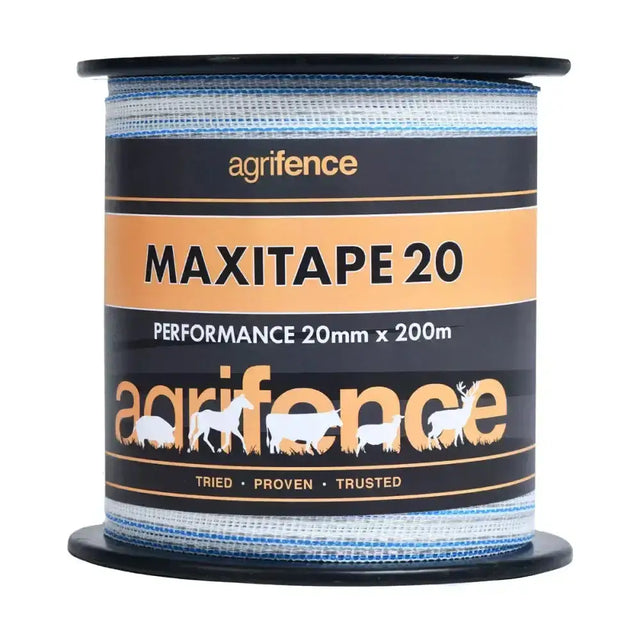 A spool of blue and white agrifence maxitape performance tape with super reinforced edges for durable fencing