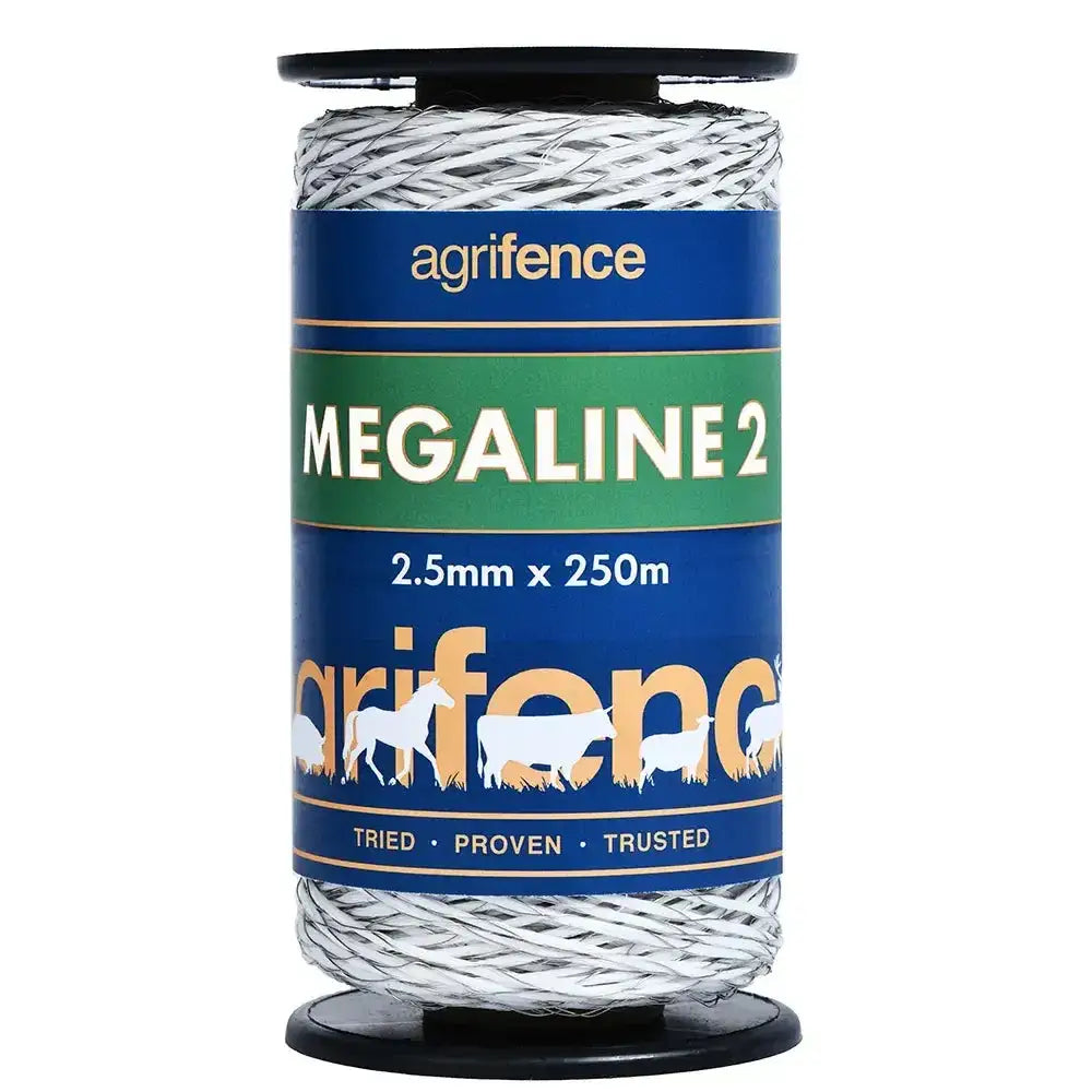 A spool of agrifence megaline 2 superior polywire featuring braided white and gray twine on black plastic reels for equestrian use