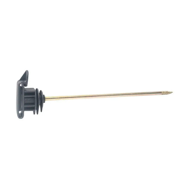 Black plastic agrifence offset tape insulator with long slender metal screw shaft for secure offset clip insulator use