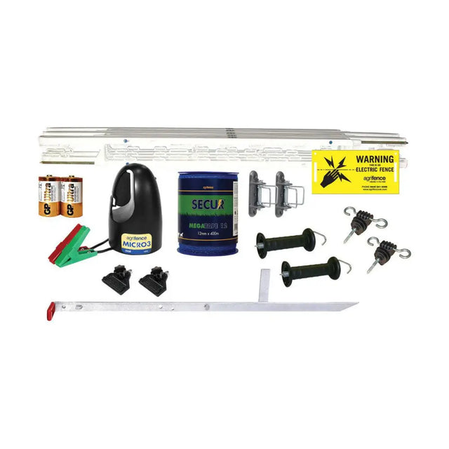 Black plastic agrifence paddock kit electric fence energizer micro3 with yellow warning label connected to batteries