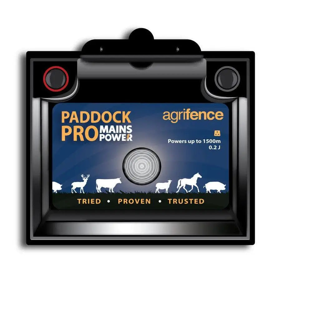 Black agrifence paddock pro mains energiser with blue display panel showing white animal silhouettes and orange text
