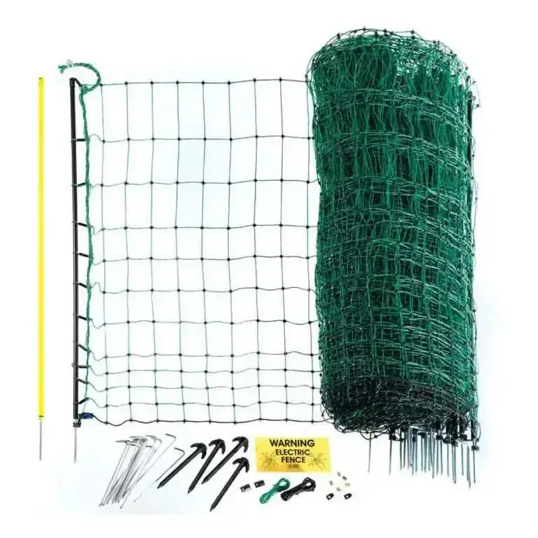 Green electrifiable poultry net 108cm by 25m roll with black metal frame and yellow warning sign agrifence poultry net