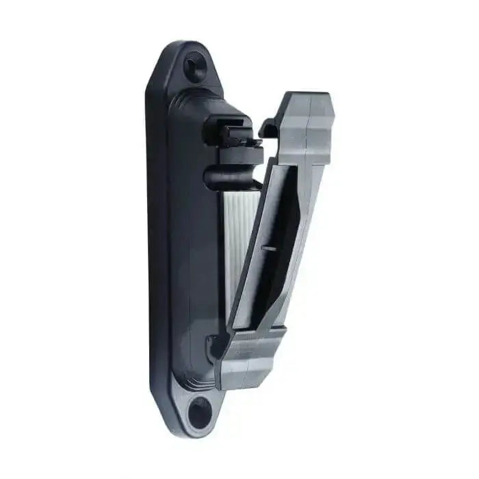 Black plastic wall-mounted clip with hinged design for agrifence premium tape premium tape insulators ideal for holding items