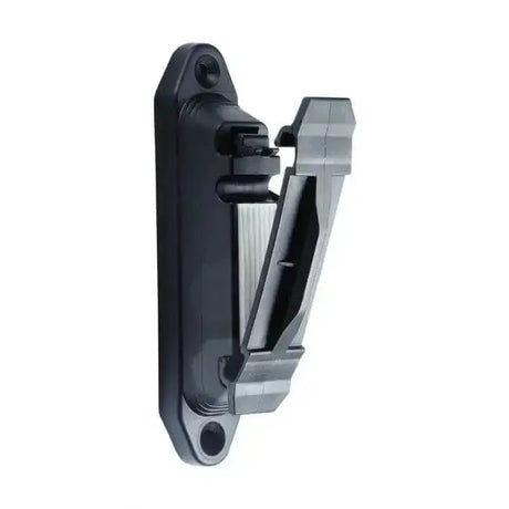 Black plastic wall-mounted clip with hinged design for agrifence premium tape premium tape insulators ideal for holding items
