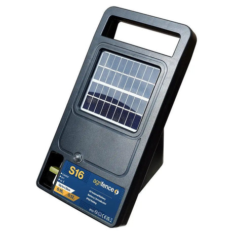 Black plastic agrifence s16 solar energiser with rectangular solar panel and blue label from barnstaple equestrian supplies