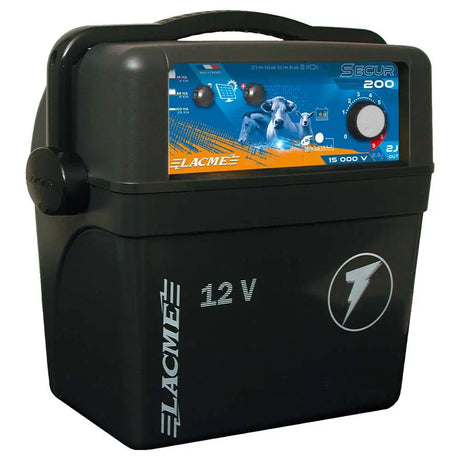 Black plastic agrifence secur 200-12v energiser with digital voltage display and animal imagery from secur 12v range models feature variable settings