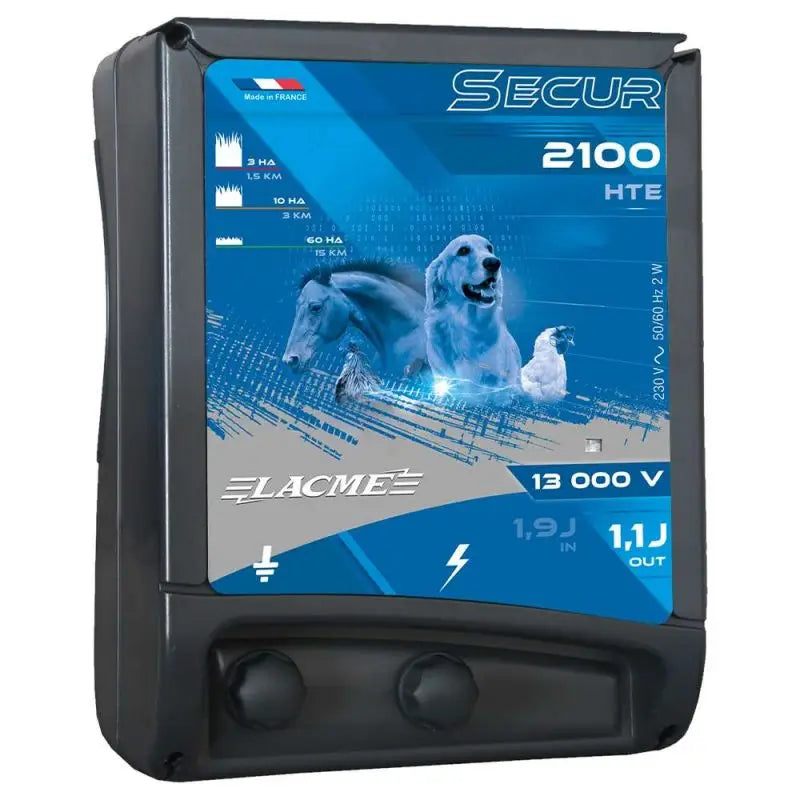 Black plastic agrifence secur 2100 mains energiser hte with blue silver label showing farm animals and specs compact mains energiser