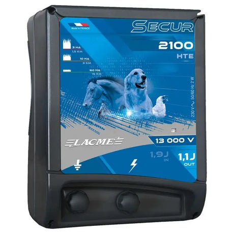 Black plastic agrifence secur 2100 mains energiser hte with blue silver label showing farm animals and specs compact mains energiser