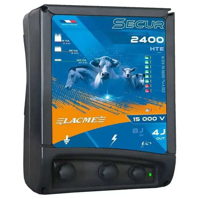 Black agrifence secur 2400 plus powered mains energiser with blue and orange display panel to provide maximum power