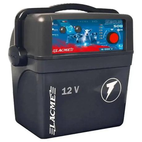 Black plastic agrifence secur 500 energiser with digital display and lacme branding combines high efficiency for livestock fencing