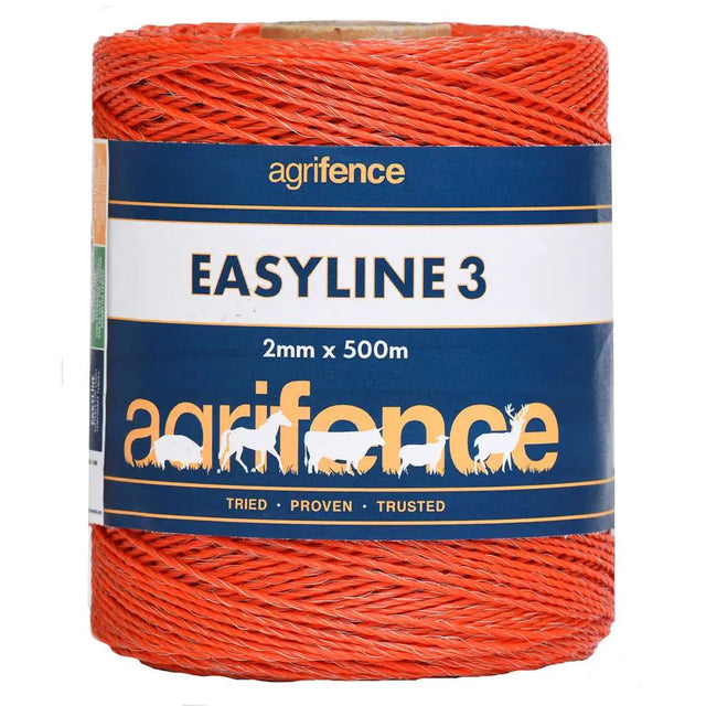 A spool of bright orange agrifence secur easyline 3 polywire 2mm electric fence wire for temporary fence lines