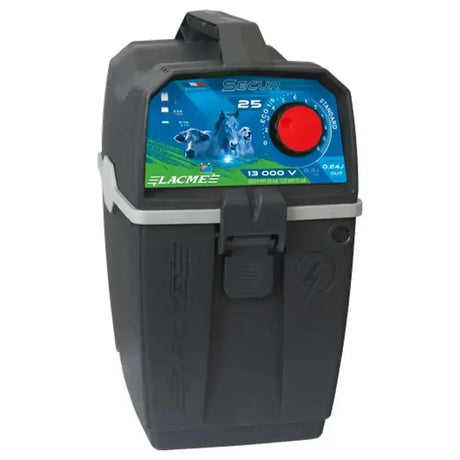 Black plastic agrifence secure 25 energiser with blue digital display showing voltage and cows for variable power output and lower powered training