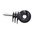 Black plastic agrifence small ring insulator screw with rounded head hook and ridged grip for economical woodscrew insulators