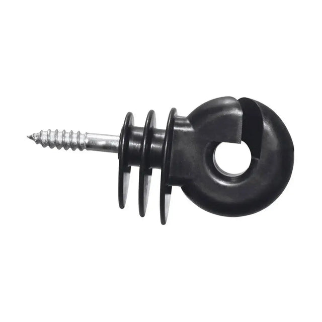 Black plastic agrifence small ring insulator screw with rounded head hook and ridged grip for economical woodscrew insulators