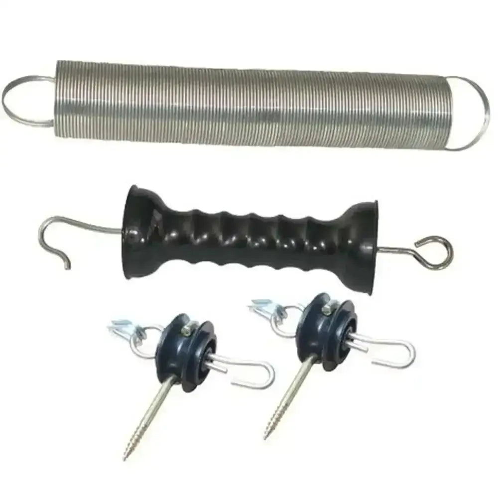 Black plastic-handled agrifence spring gate opener with metal hooks and screws for spring gate kit use