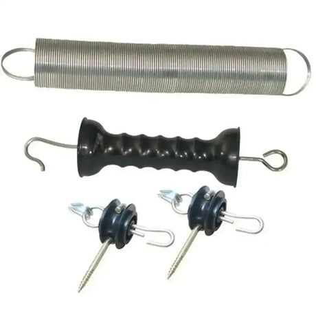 Black plastic-handled agrifence spring gate opener with metal hooks and screws for spring gate kit use