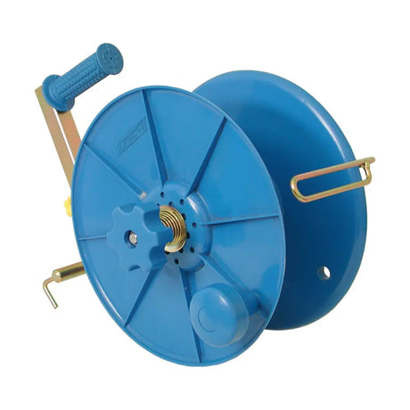 Blue agrifence super reel made of plastic with textured grip handle brass metal parts and features detachable spool