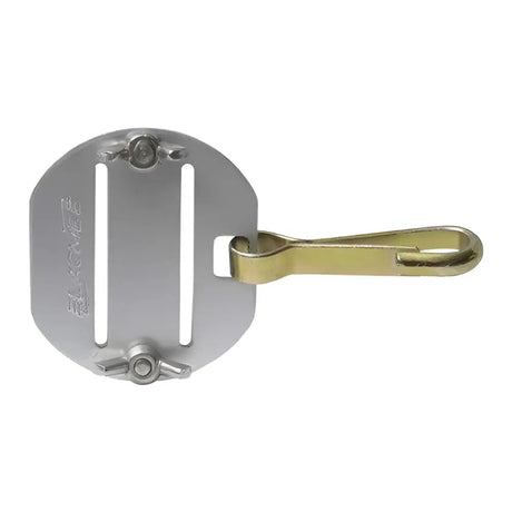 Silver metal agrifence tape end clip with gold-tone premium tape clamp and two vertical slots on face
