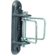 Black metal agrifence tape end tensioner with sturdy rectangular mounting plate and silver latch mechanism