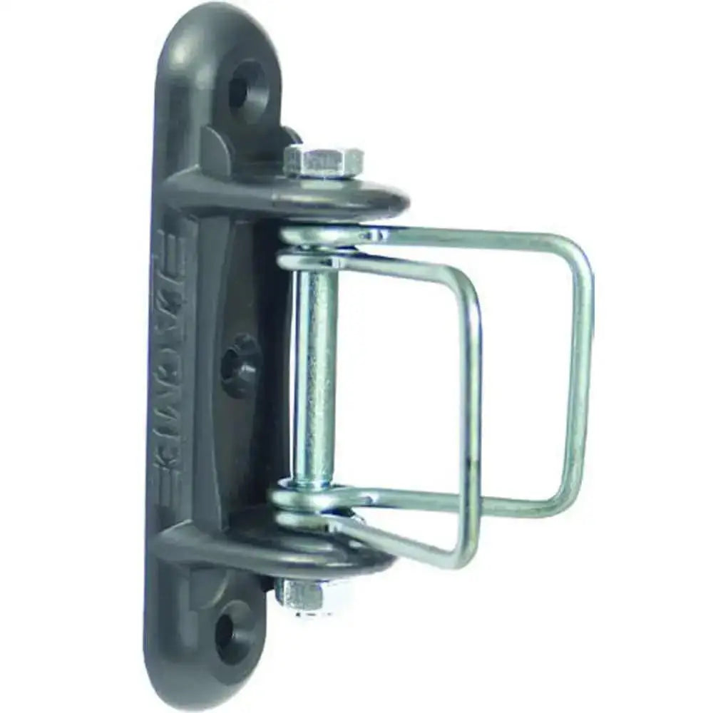 Black metal agrifence tape end tensioner with sturdy rectangular plate and silver latch mechanism for secure tensioning