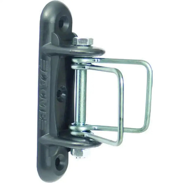 Black metal agrifence tape end tensioner with sturdy rectangular plate and silver latch mechanism for secure tensioning