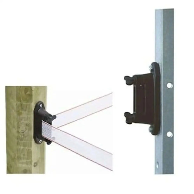 Black plastic agrifence tape lock insulators with adjustable arms for securing acrylic panels to wood or metal frames