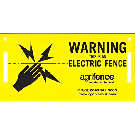 Bright yellow agrifence warning signs for electric fencing with hand lightning graphic and contact info