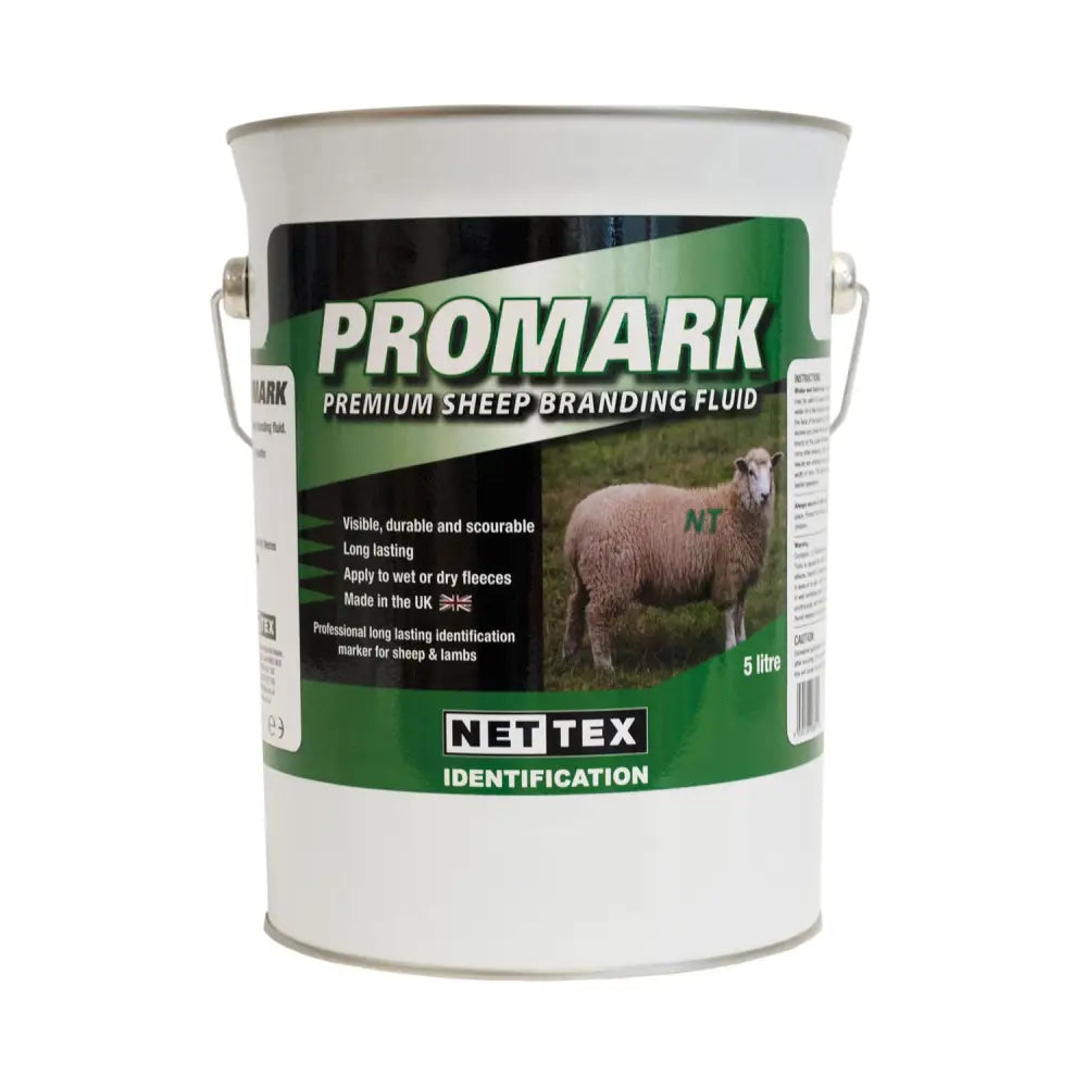 White metal bucket with green and black label of promark premium sheep branding fluid by agrimark branding fluid