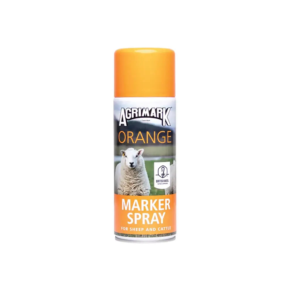 Orange agrimark marker spray can with white sheep label for long lasting visible mark on sheep and cattle with dispensing button