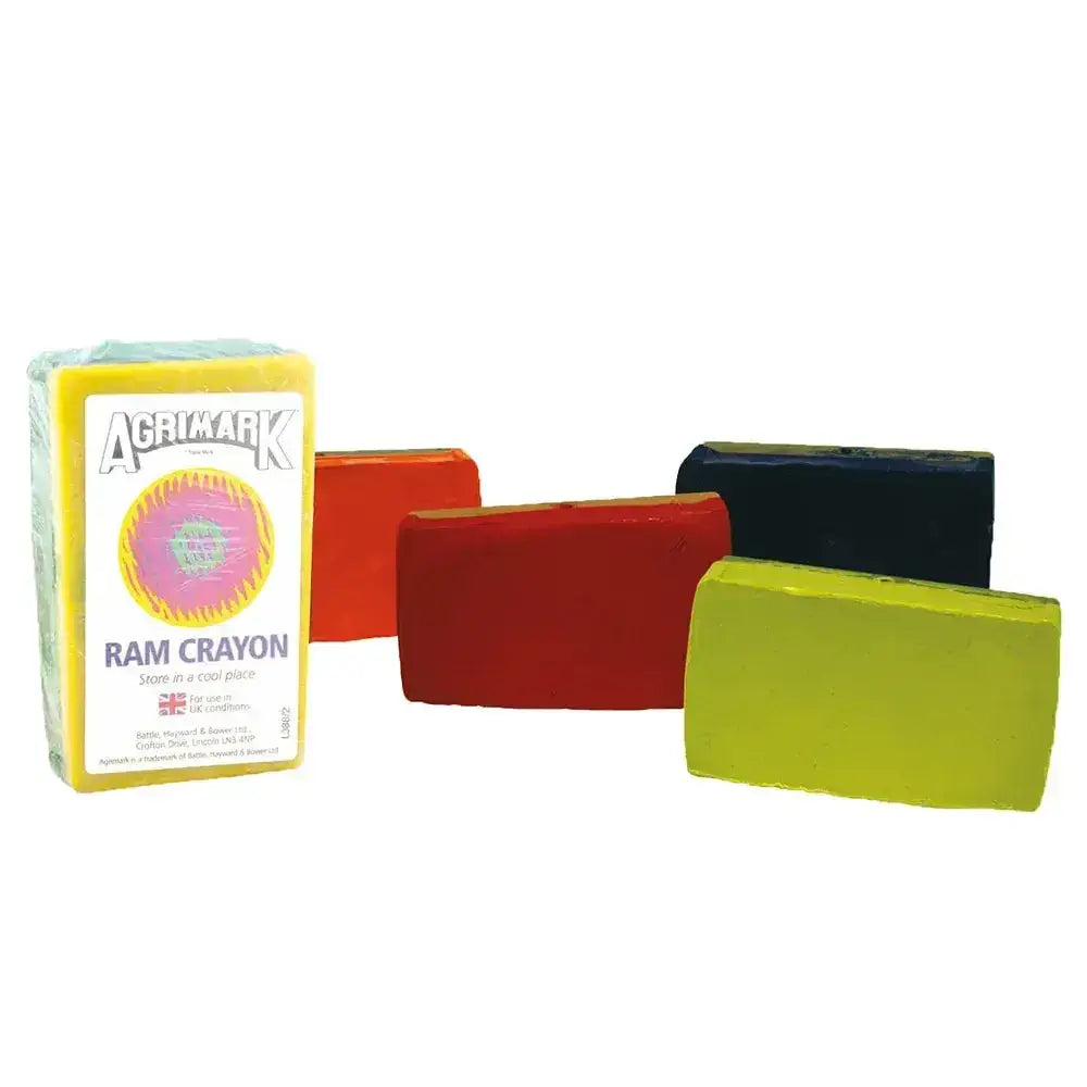 Agrimark ram crayons natural waxes yellow pack with pink label and four red black lime green ram crayons beside it