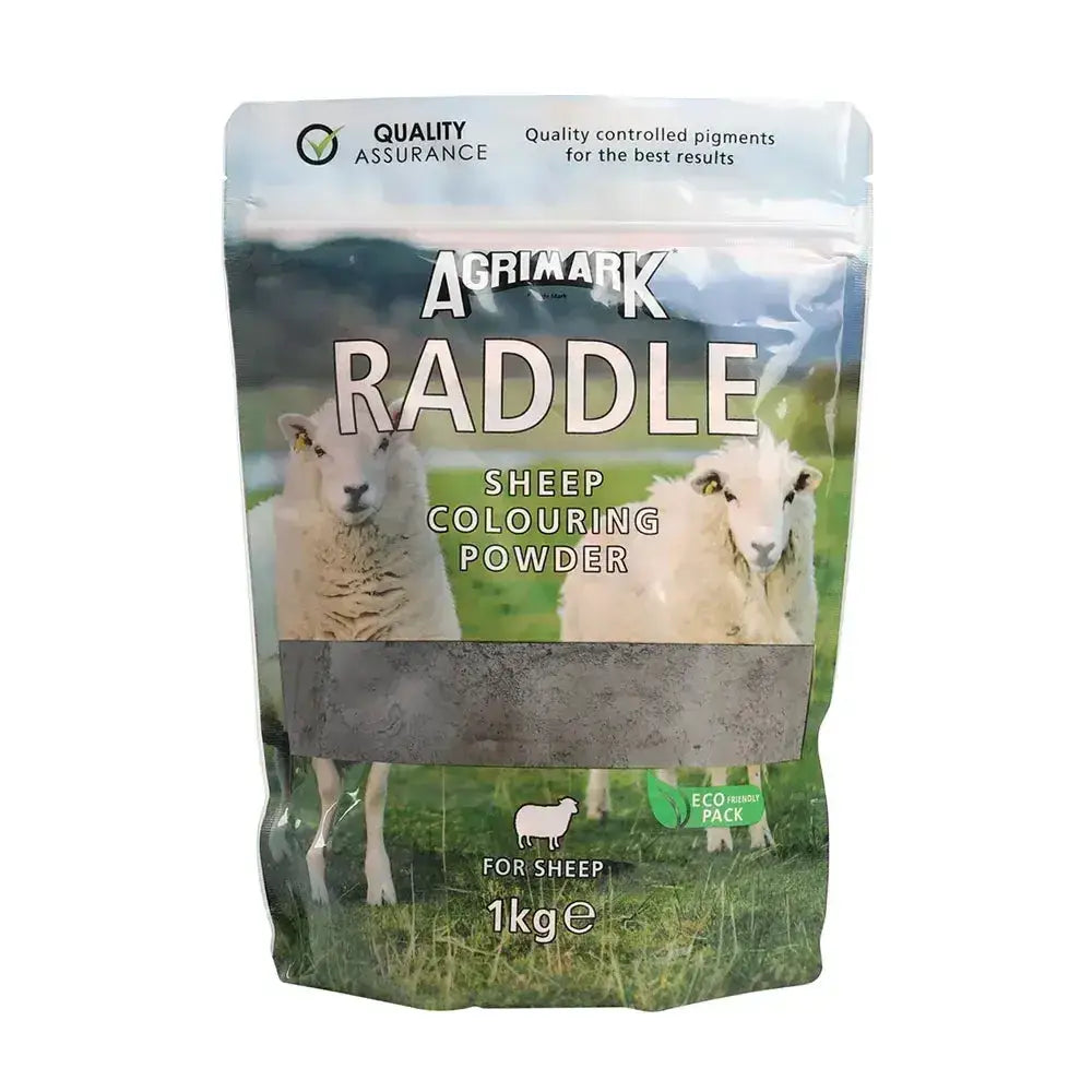 Agrimark sheep colouring raddle powder with quality controlled pigments in a 1kg eco-friendly resealable pouch showing two white sheep