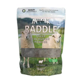 Agrimark sheep colouring raddle powder with quality controlled pigments in a 1kg eco-friendly resealable pouch showing two white sheep