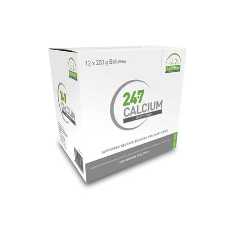 White cardboard box of agrimin 24-7 calcium bolus dairy cows with green and gray branding for bolus dairy cows