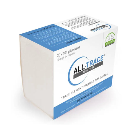 White and blue cardboard box of agrimin all-trace dry sustained release bolus with six trace elements for cattle