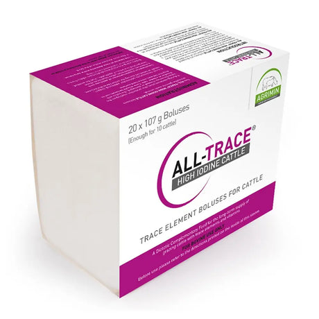 White and magenta cardboard box of agrimin all-trace high iodine cattle sustained release bolus for trace element supply