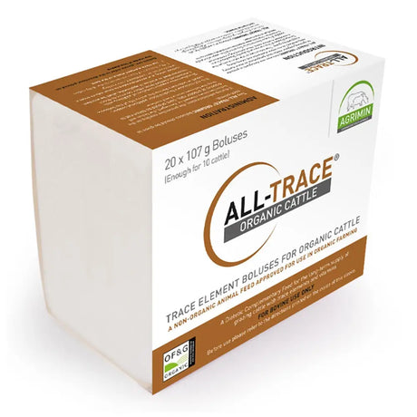 White and brown cardboard box of agrimin all-trace organic cattle trace element boluses for organic cattle farming