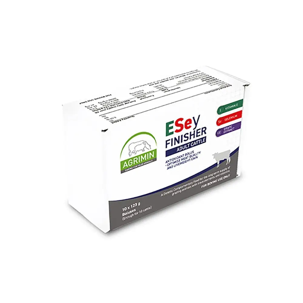 White cardboard box of agrimin esey finisher adult cattle feed with green gray branding featuring a cow silhouette and sustained release anti-oxidant bolus