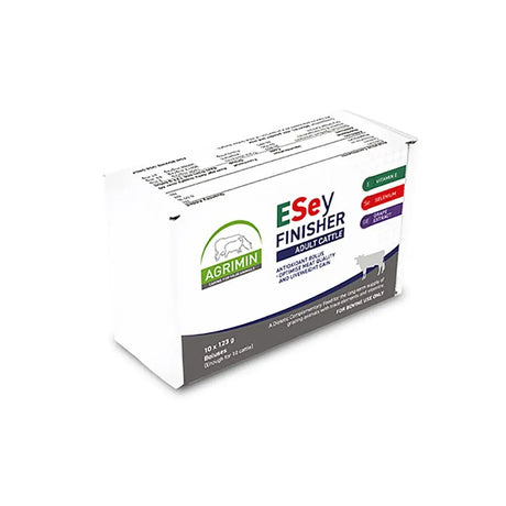 White cardboard box of agrimin esey finisher adult cattle feed with green gray branding featuring a cow silhouette and sustained release anti-oxidant bolus