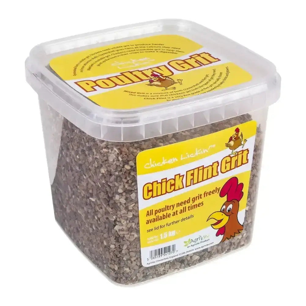 Yellow-labeled plastic container of agrivite chicken lickin chick flint grit gray granular poultry feed supplement