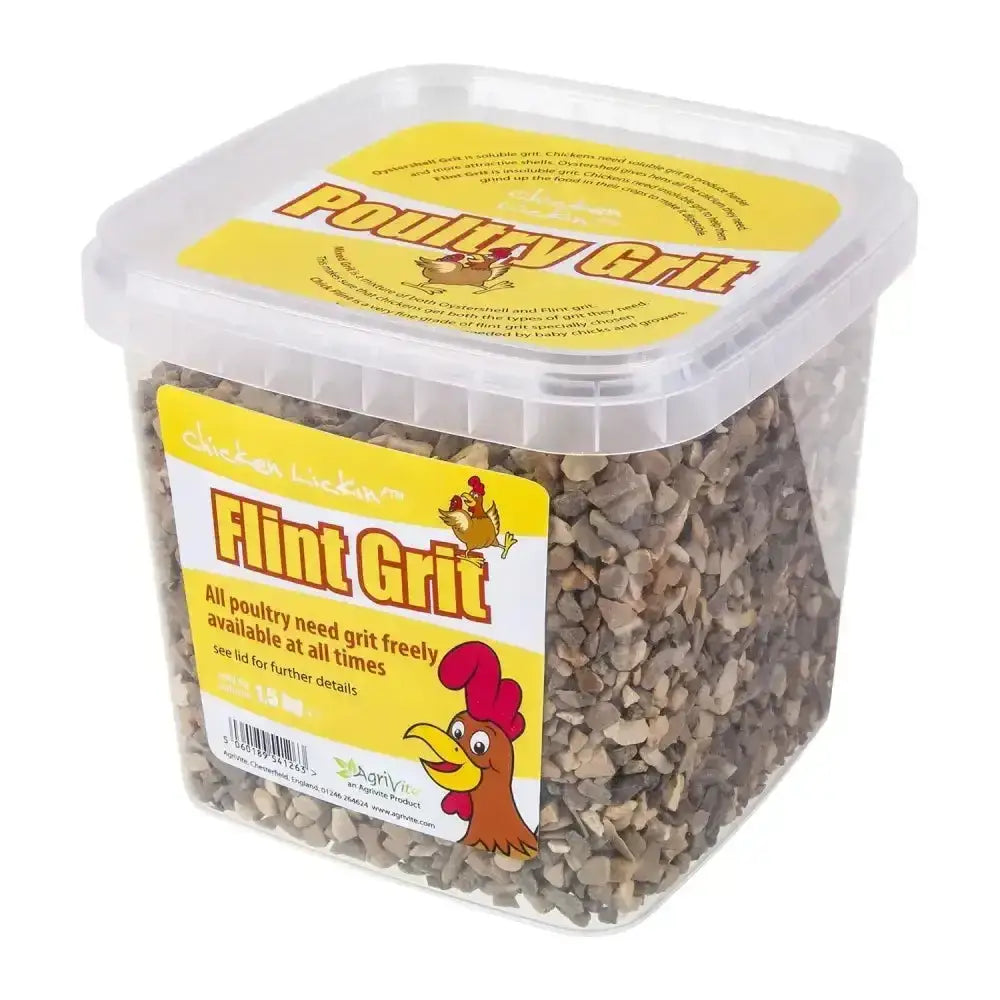 Clear plastic container of grayish brown agrivite chicken lickin flint poultry grit with cartoon chicken label
