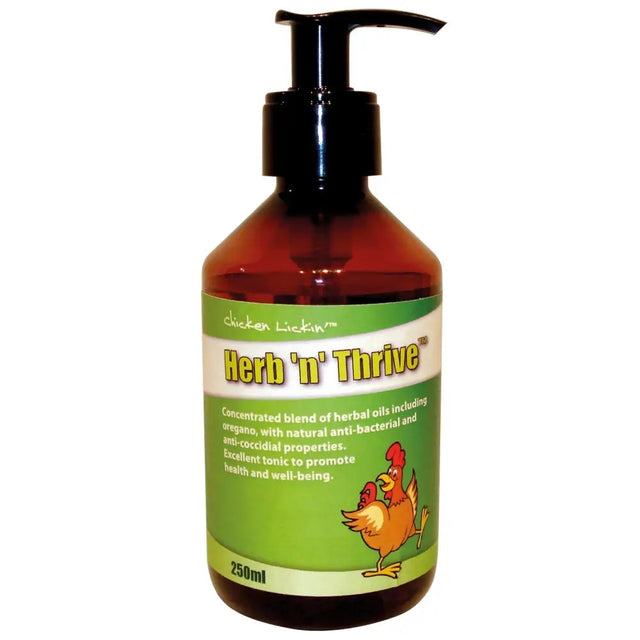 Amber glass bottle with black pump and green label featuring cartoon chickens labeled agrivite chicken lickin herb n thrive herbal oil blend